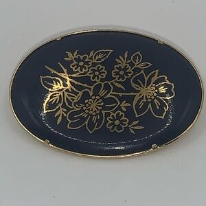 Vintage Flowers Damascene Dark Blue & Gold Brooch